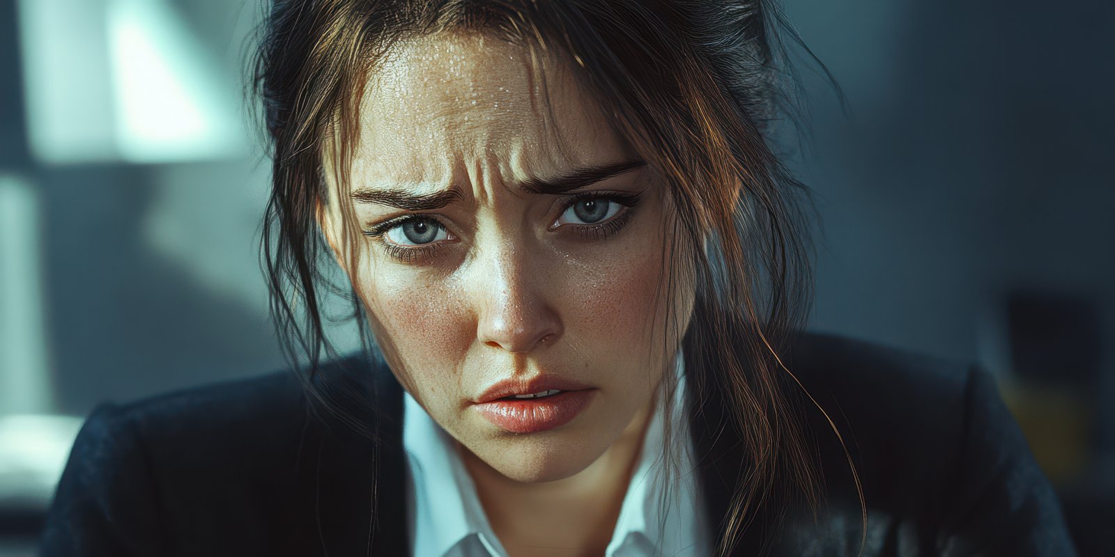 Intense expression of a woman in a formal setting during a serious conversation